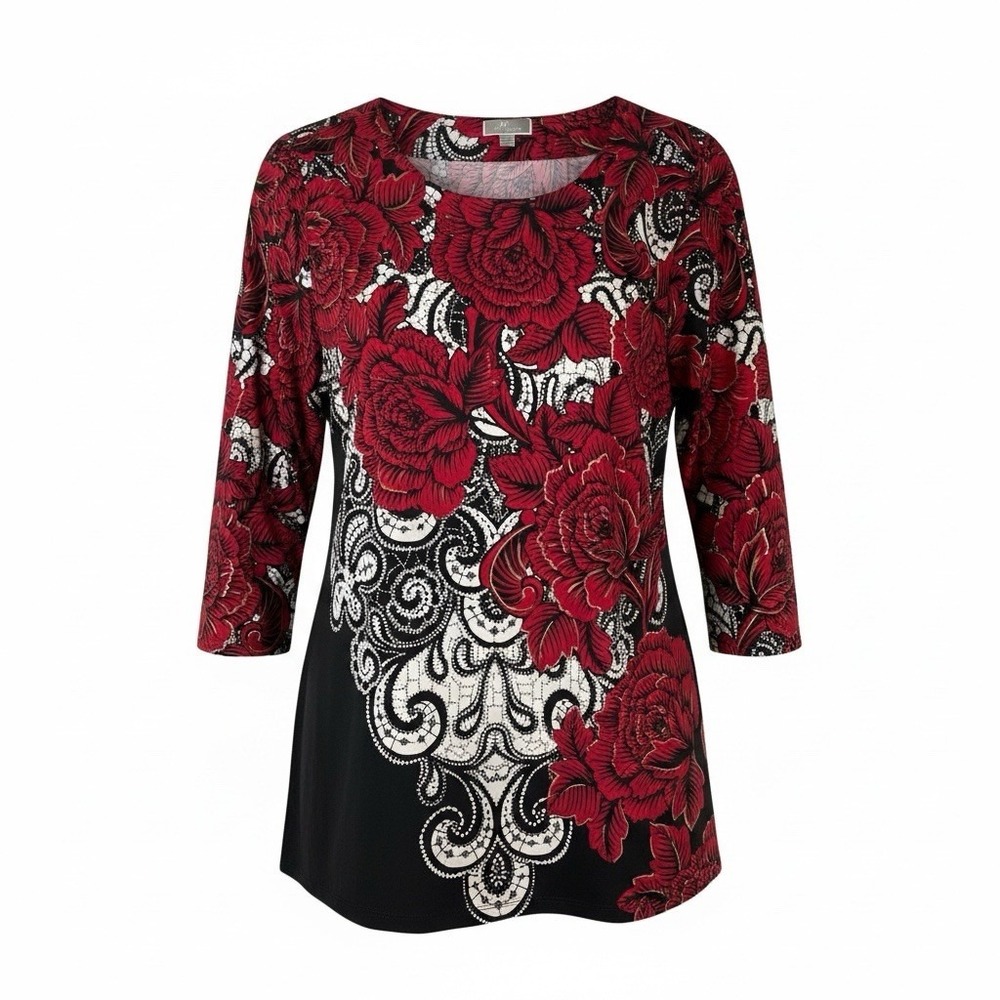 JM COLLECTION Blouse 3/4 Sleeve Floral Beaded Women’s Size L Red, Black, White
